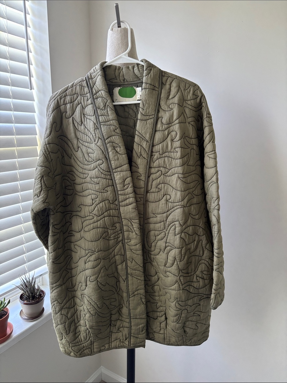 Anthropologie Quilted Kimono Jacket Womens XL House Coat Green Moss Cottagecore - Picture 2 of 6